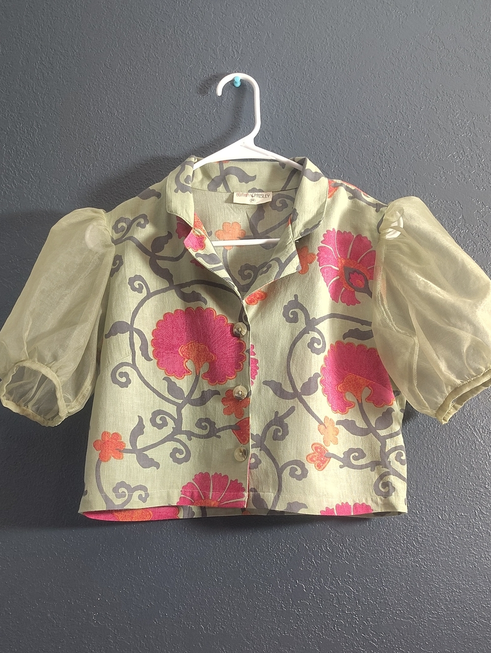 Bombay & Paisley Sheer Puff-Sleeve Floral Crop Top Cotton Linen Blend